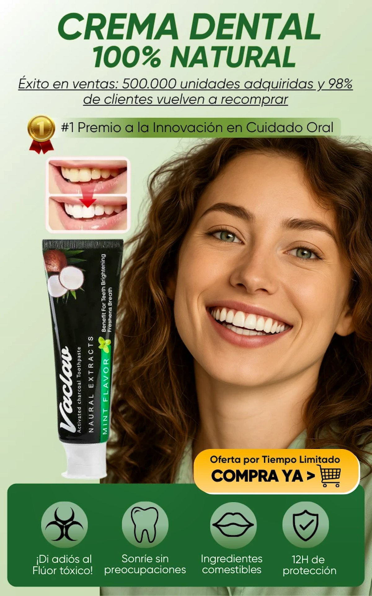 Crema dental 100% natural con carbón activado y menta para blanqueamiento dental y protección 12 horas. Ganadora del Premio a la Innovación en Cuidado Oral. Oferta por tiempo limitado