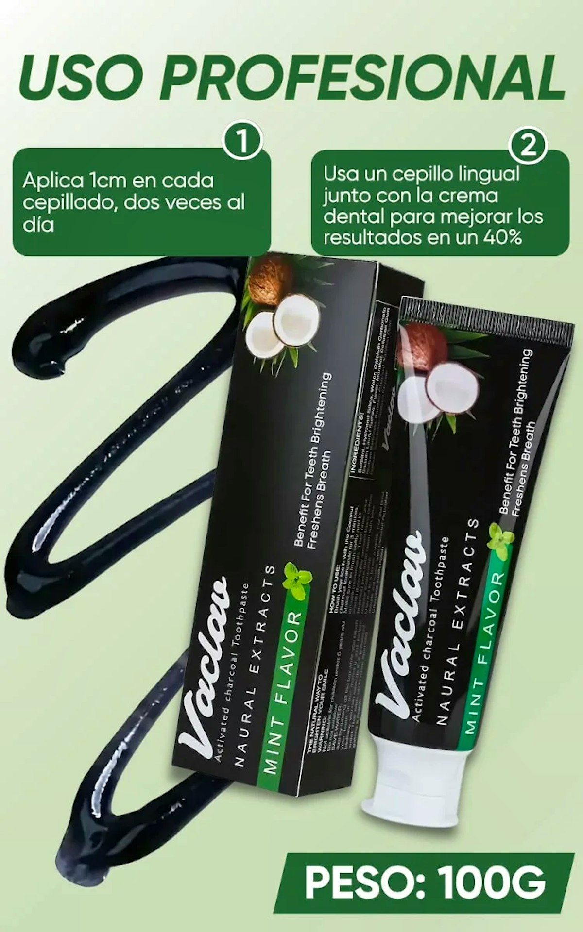 Vaclav Pasta Dental con Carbón Activado - Extractos Naturales sabor Menta: Blanqueamiento Dental + Frescor Bucal. Uso profesional con cepillo lingual (+40% efectividad). Presentación 100g