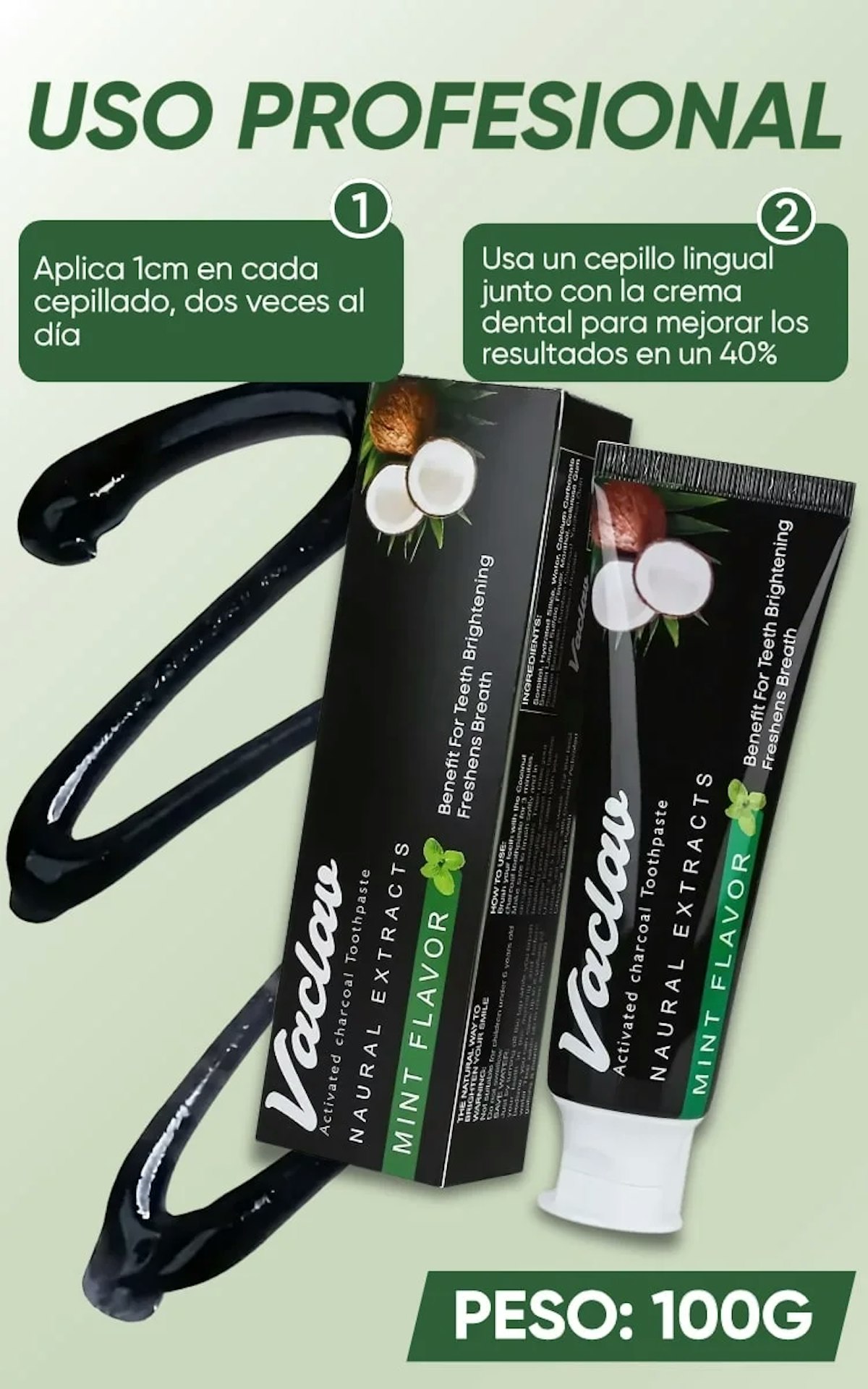 Vaclav Pasta Dental con Carbón Activado - Extractos Naturales sabor Menta: Blanqueamiento Dental + Frescor Bucal. Uso profesional con cepillo lingual (+40% efectividad). Presentación 100g
