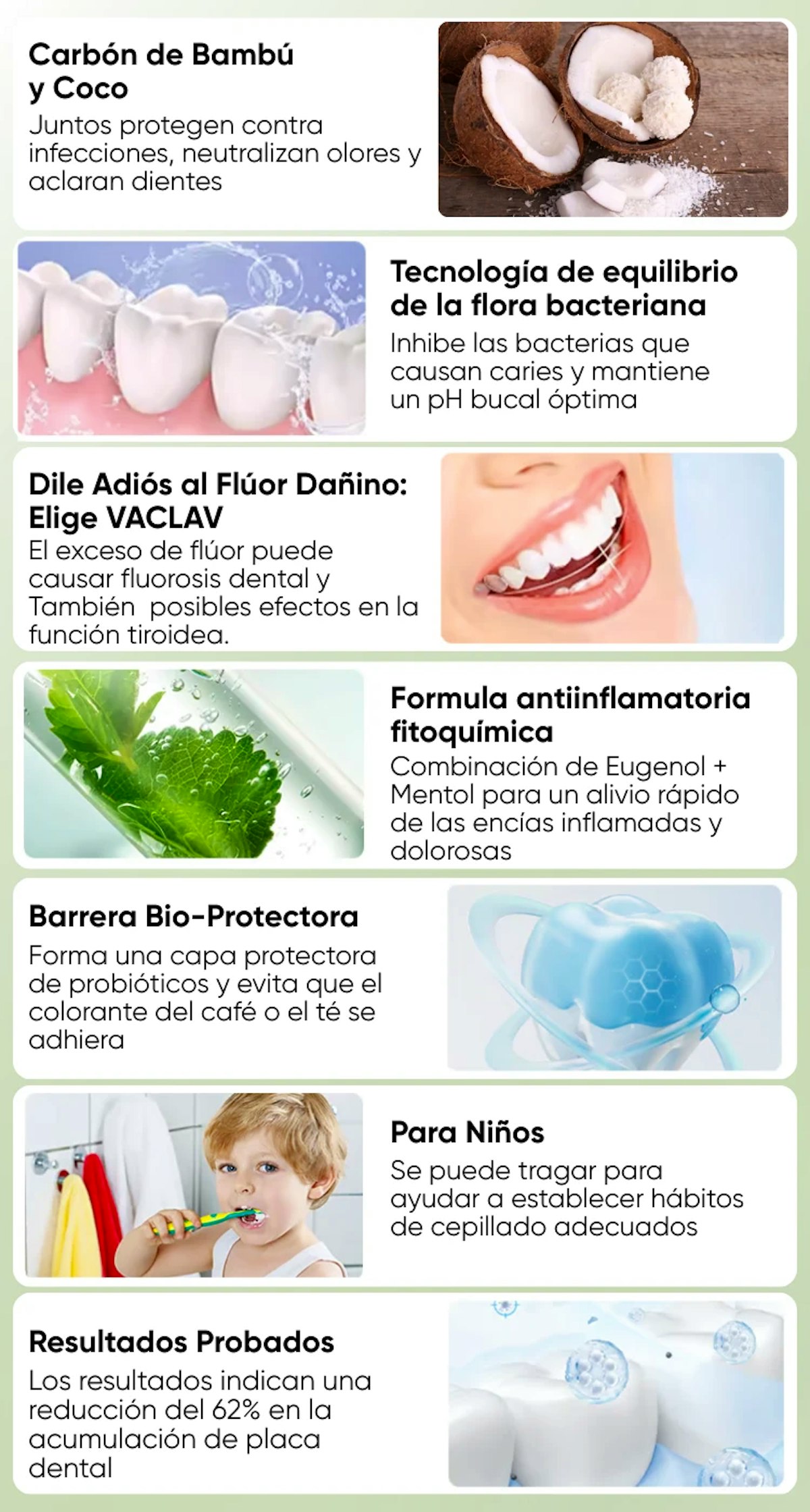 Pasta dental VACLAV con carbón de bambú y coco - Libre de flúor, protege con probióticos y reduce 62% placa. Tecnología antiinflamatoria (eugenol+mentol) y segura para niños. Barrera bioactiva contra manchas de café/té