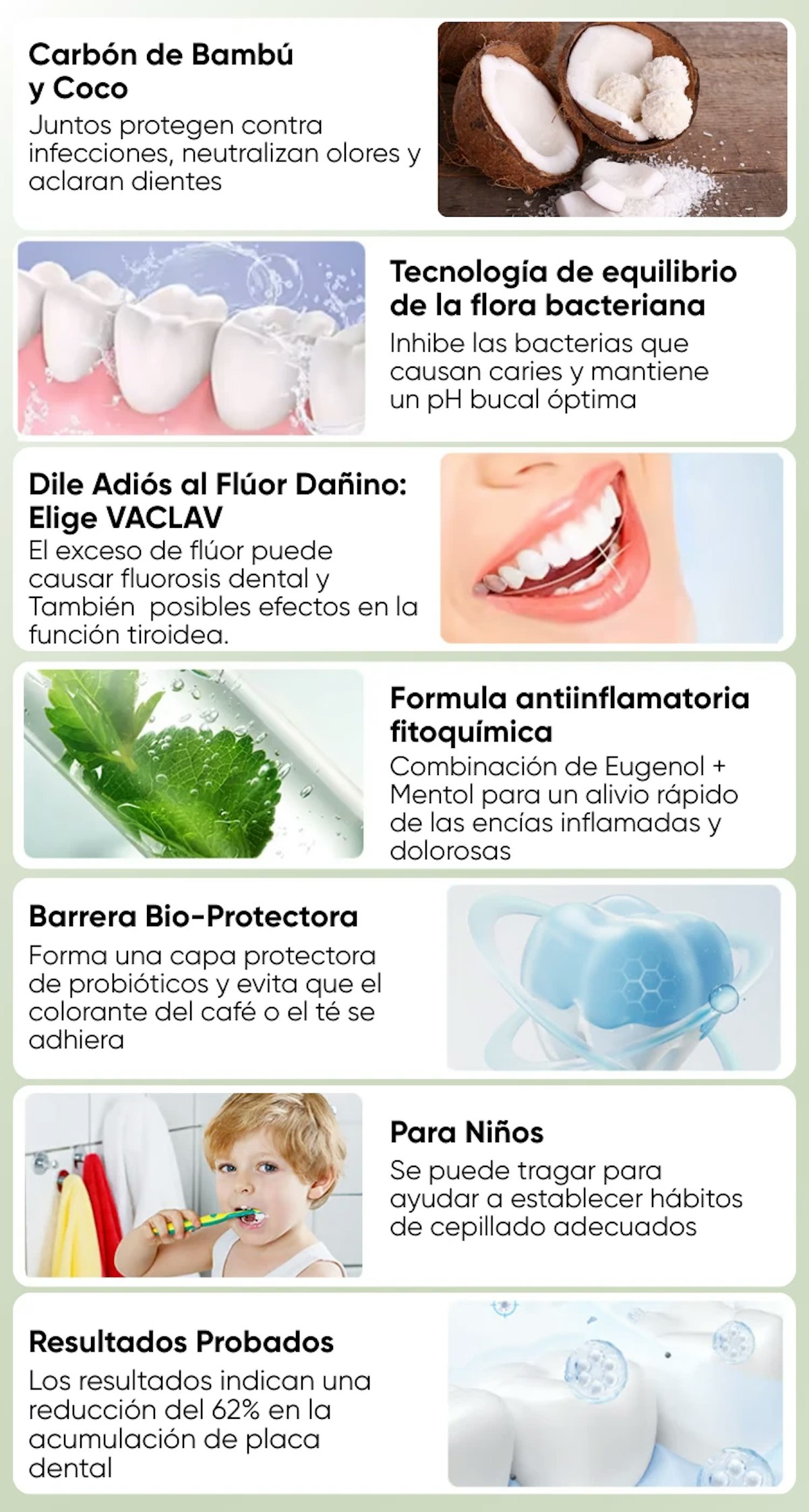 Pasta dental VACLAV con carbón de bambú y coco - Libre de flúor, protege con probióticos y reduce 62% placa. Tecnología antiinflamatoria (eugenol+mentol) y segura para niños. Barrera bioactiva contra manchas de café/té