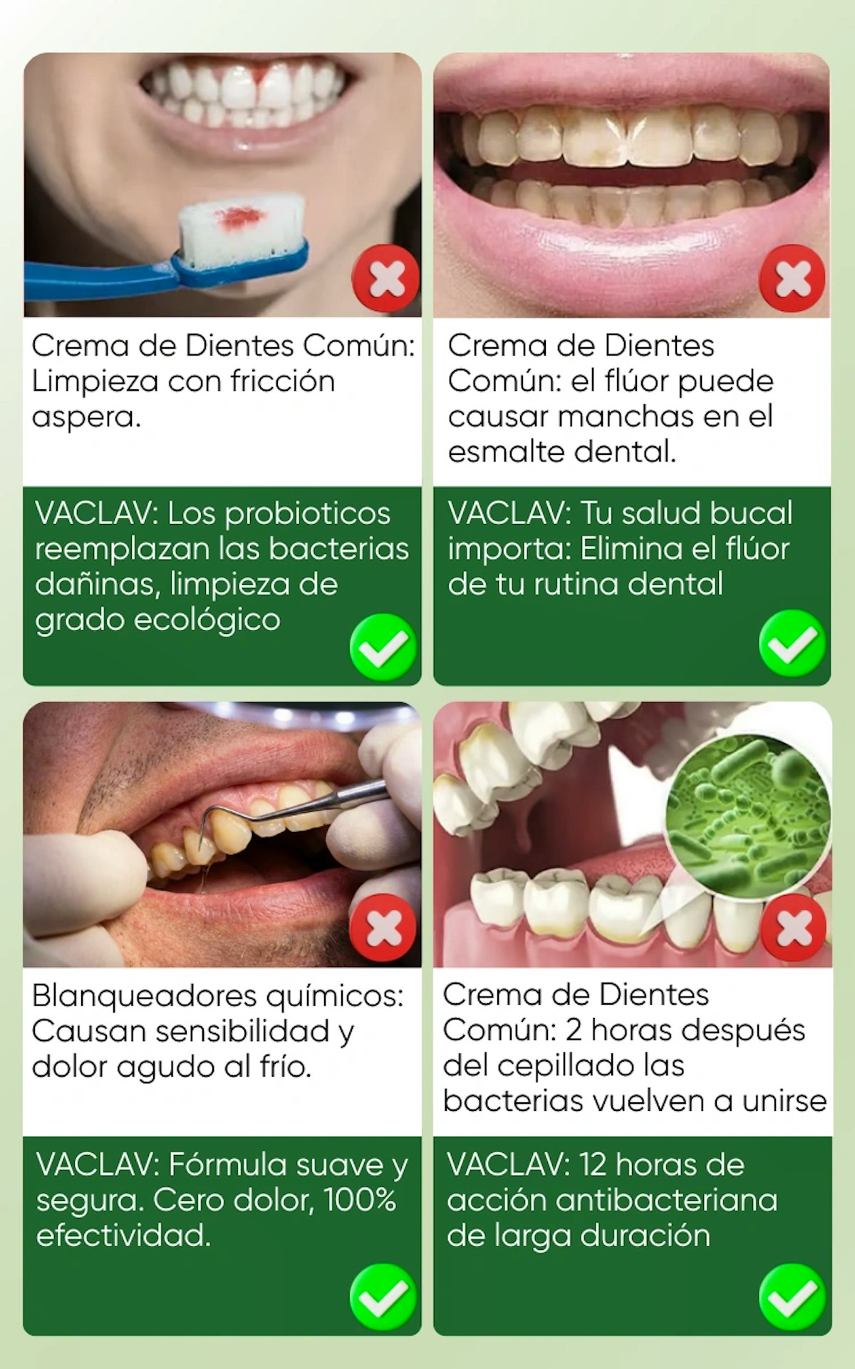 Comparativa VACLAV vs cremas comunes: Sin flúor/SLS, 12h protección vs 2h bacterias. Probióticos reemplazan abrasivos - limpieza ecológica que previene úlceras bucales y manchas