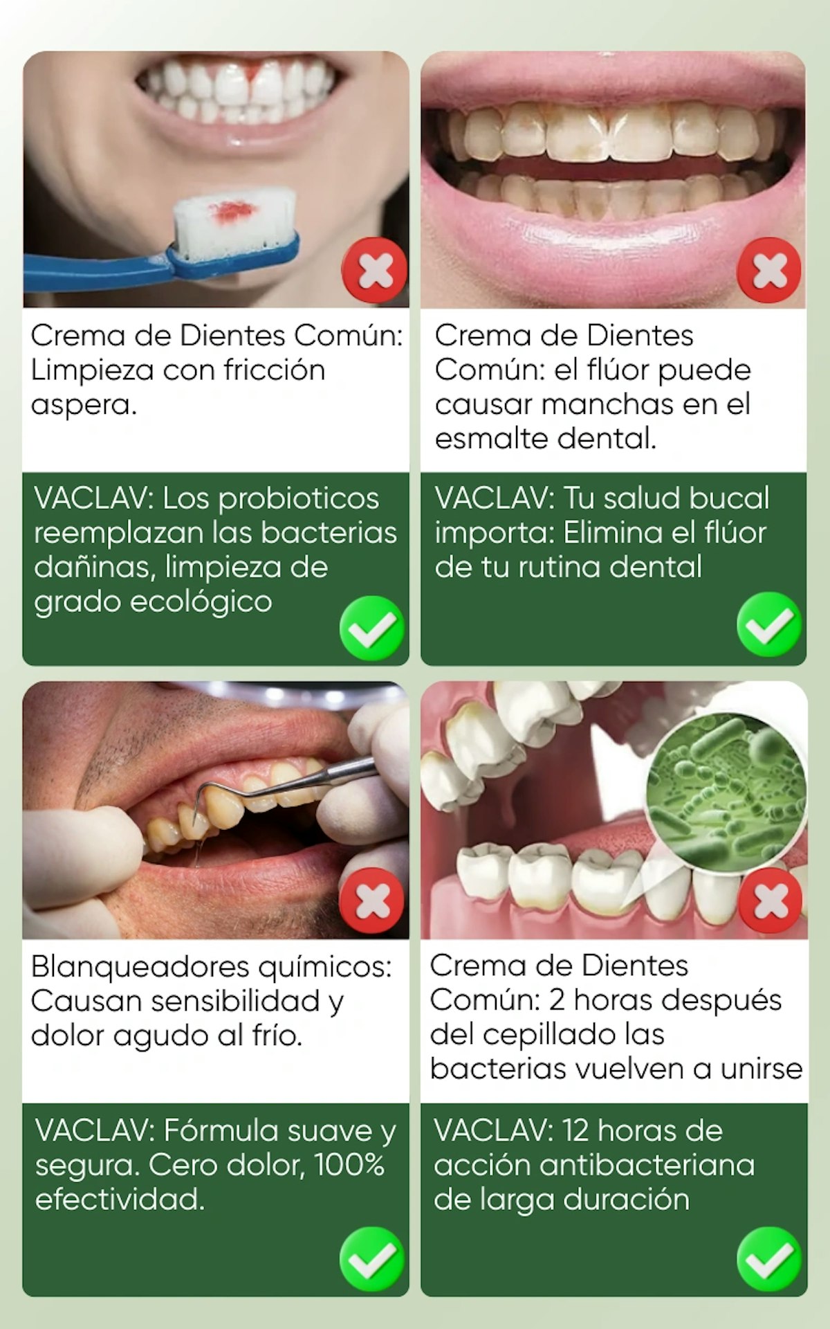 Comparativa VACLAV vs cremas comunes: Sin flúor/SLS, 12h protección vs 2h bacterias. Probióticos reemplazan abrasivos - limpieza ecológica que previene úlceras bucales y manchas