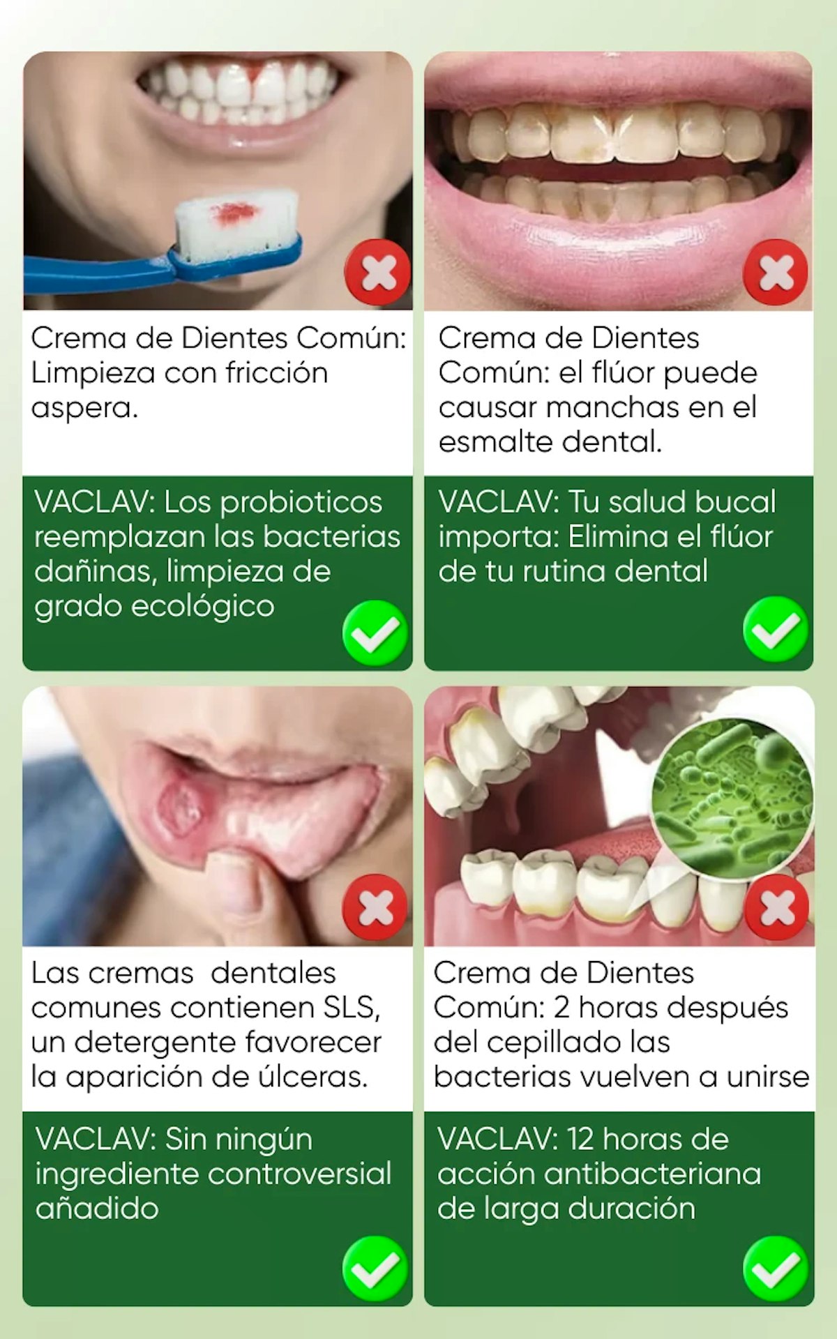 Comparativa VACLAV vs cremas comunes: Sin flúor/SLS, 12h protección vs 2h bacterias. Probióticos reemplazan abrasivos - limpieza ecológica que previene úlceras bucales y manchas