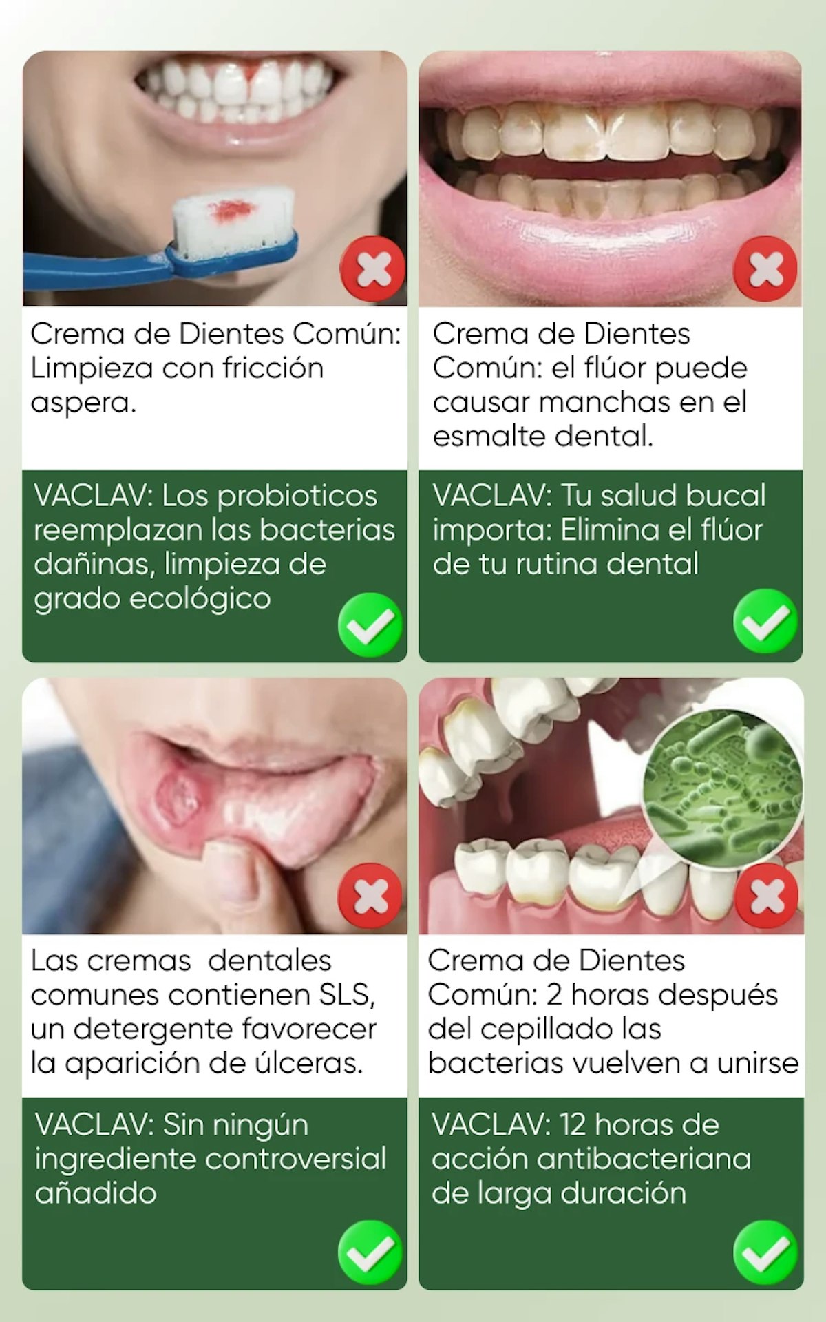 Comparativa VACLAV vs cremas comunes: Sin flúor/SLS, 12h protección vs 2h bacterias. Probióticos reemplazan abrasivos - limpieza ecológica que previene úlceras bucales y manchas