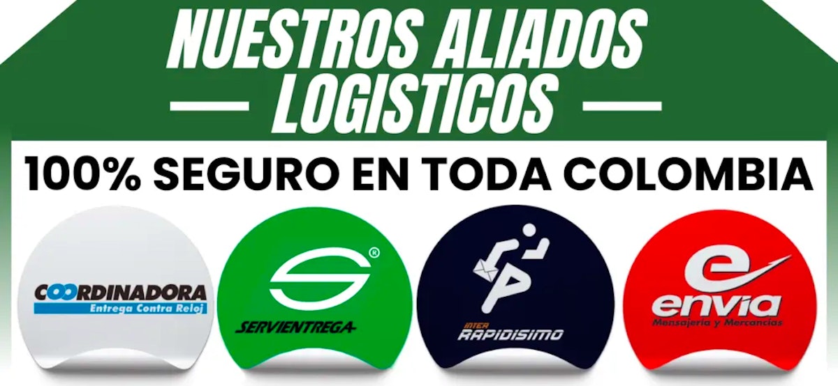 Aliados logísticos: Coordinadora (Entrega Contra Reloj), Servientrega y Envía - Cobertura 100% seguro en toda Colombia. Servicios express para mensajería y mercancías