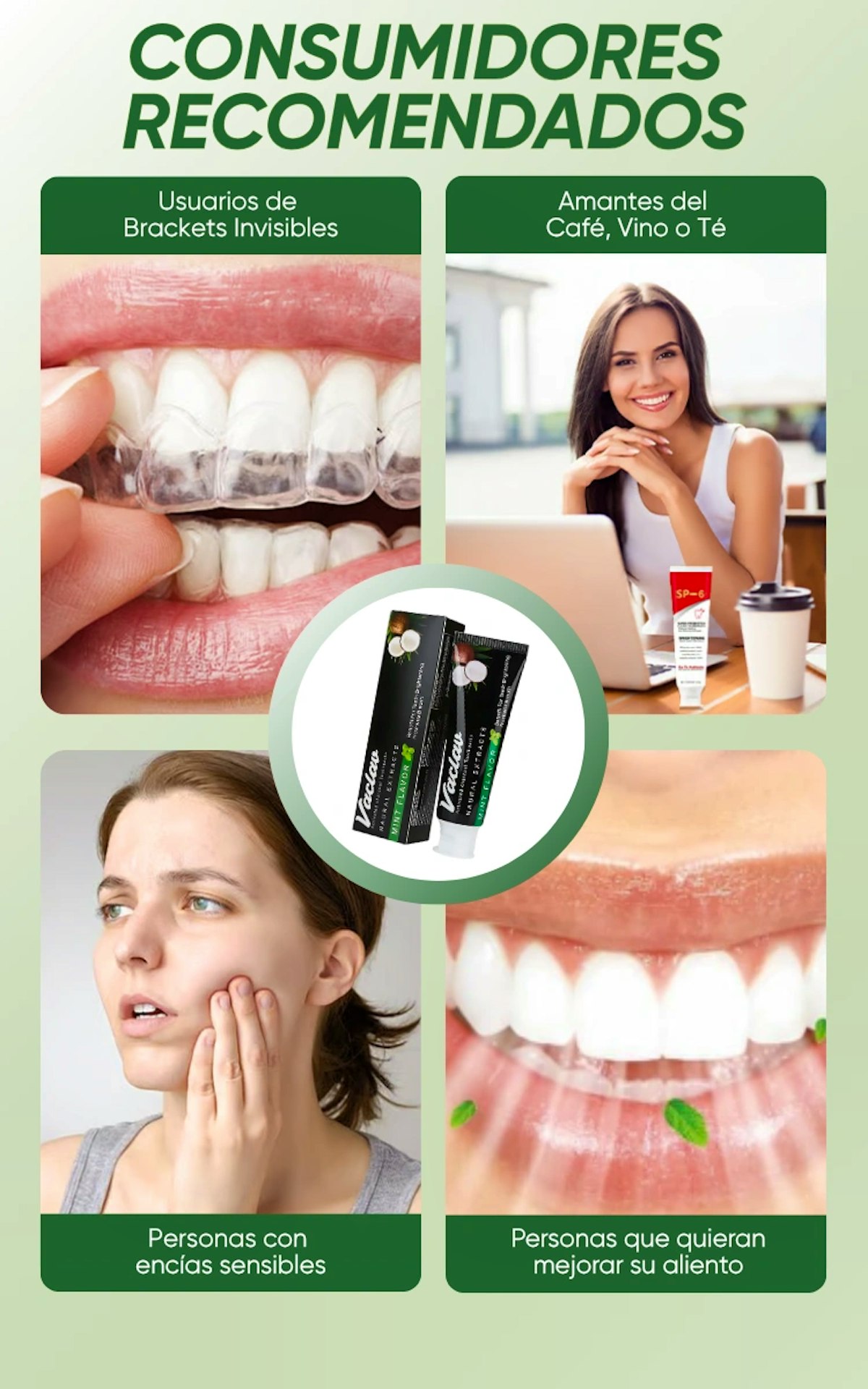 Vaclav SP-6: Recomendado para usuarios de brackets invisibles, amantes de café/vino/té y encías sensibles. Protección anticaries infantil. Variantes: Mint Flavor S y Herbal Extracts