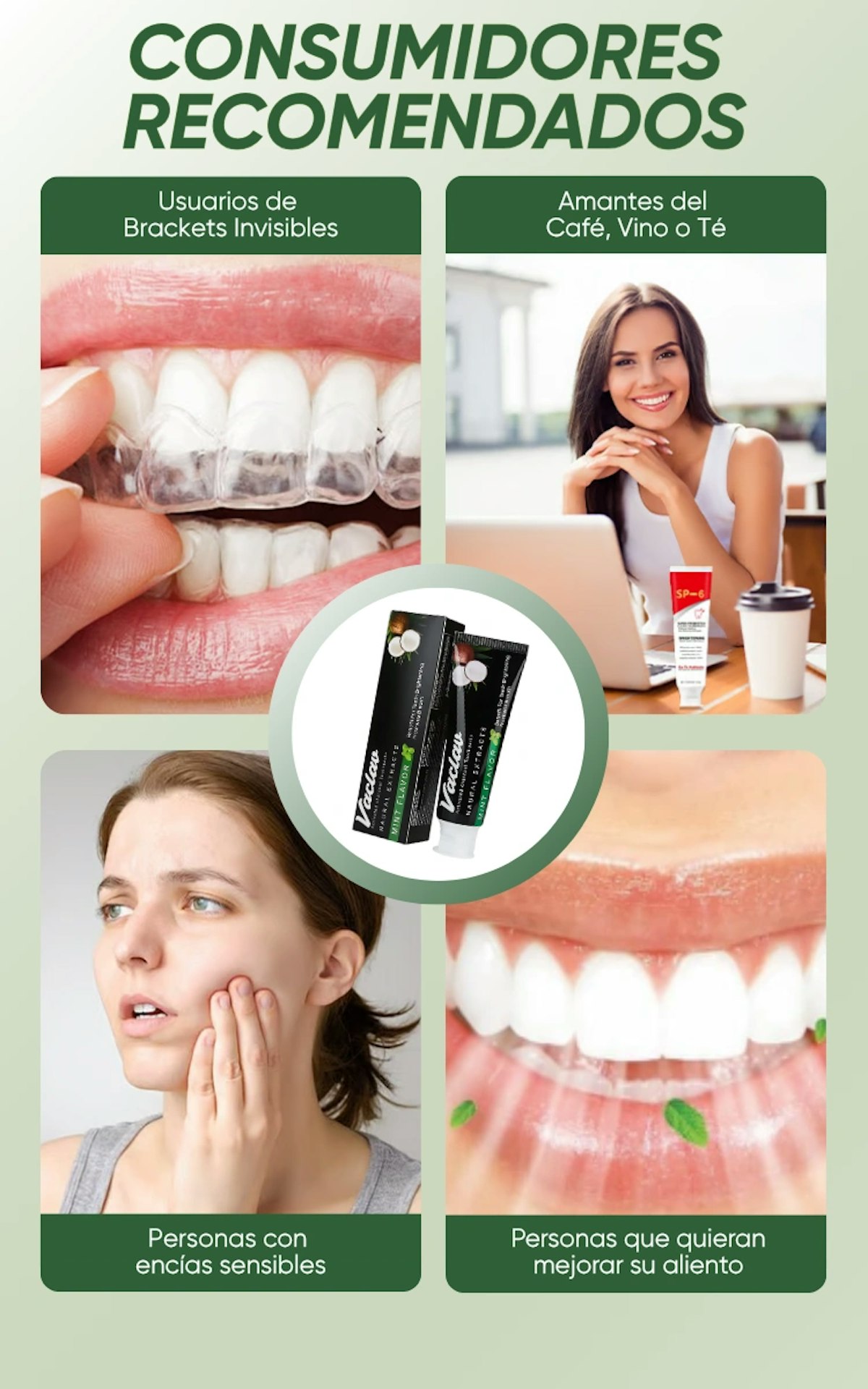 Vaclav SP-6: Recomendado para usuarios de brackets invisibles, amantes de café/vino/té y encías sensibles. Protección anticaries infantil. Variantes: Mint Flavor S y Herbal Extracts