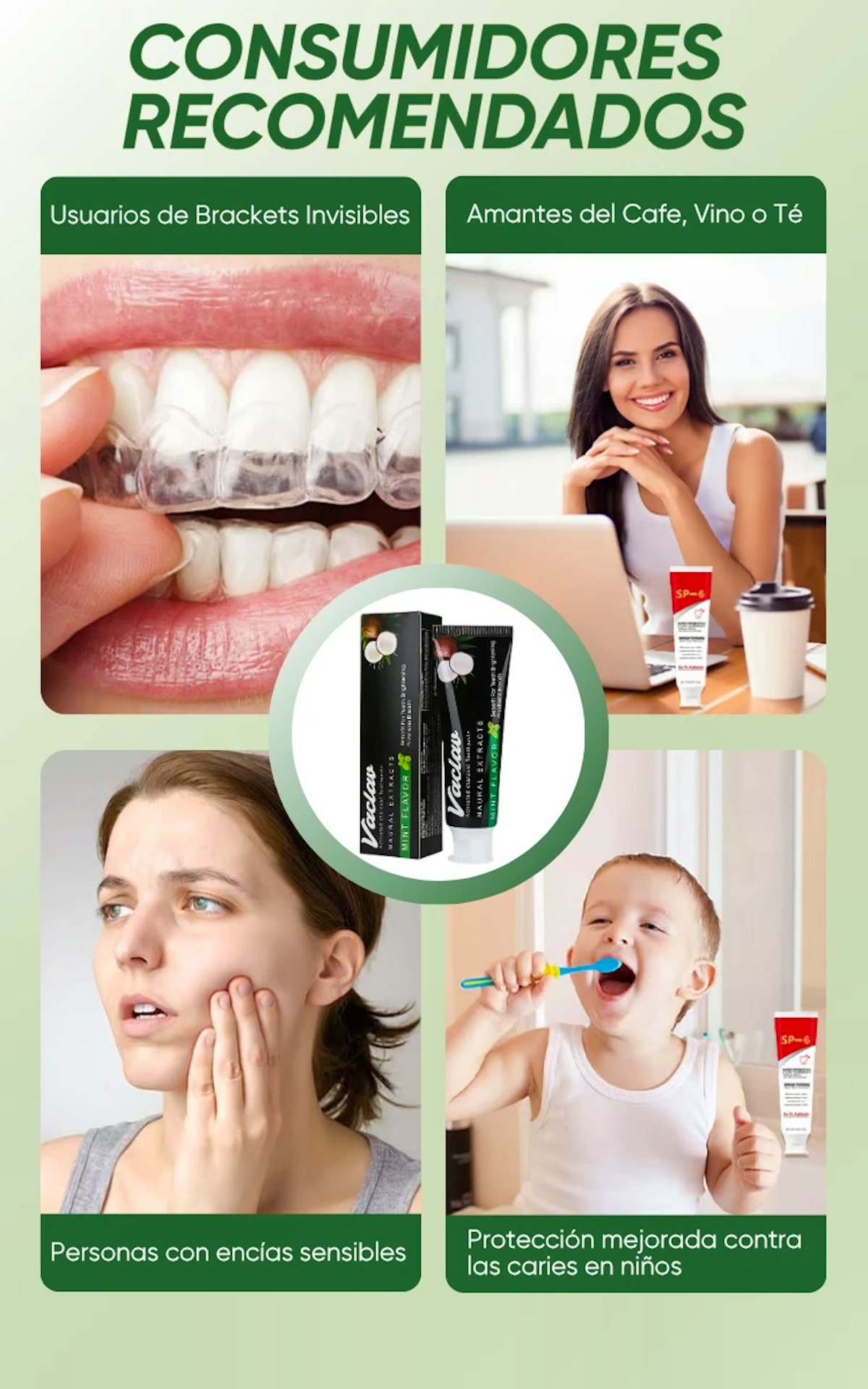 Vaclav SP-6: Recomendado para usuarios de brackets invisibles, amantes de café/vino/té y encías sensibles. Protección anticaries infantil. Variantes: Mint Flavor S y Herbal Extracts