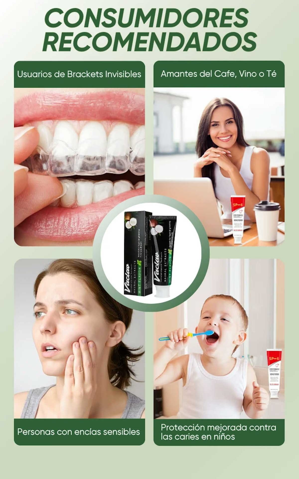 Vaclav SP-6: Recomendado para usuarios de brackets invisibles, amantes de café/vino/té y encías sensibles. Protección anticaries infantil. Variantes: Mint Flavor S y Herbal Extracts