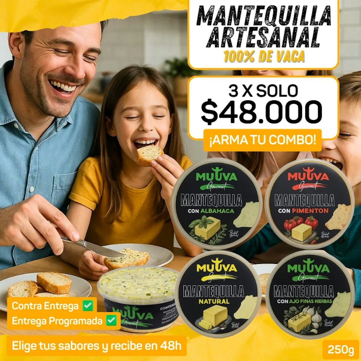 Banner promocional MUUVA - 3 mantequillas naturales de 250g por $45.000. Producto 100% vaca