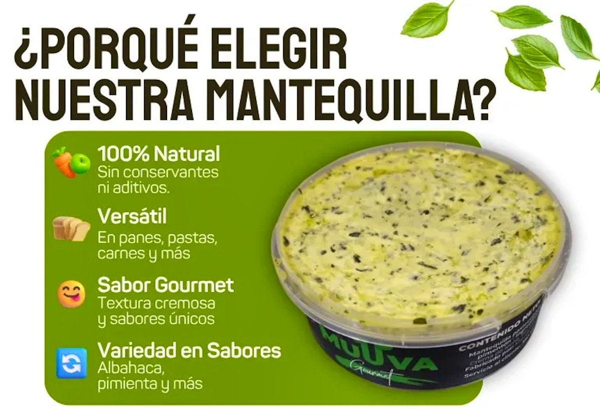 Variedad de mantequillas gourmet MUUVA - Naturales, sin aditivos, en sabores Albahaca, Pimentón, Ajo-Hierbas y Natural. Desde $13.000