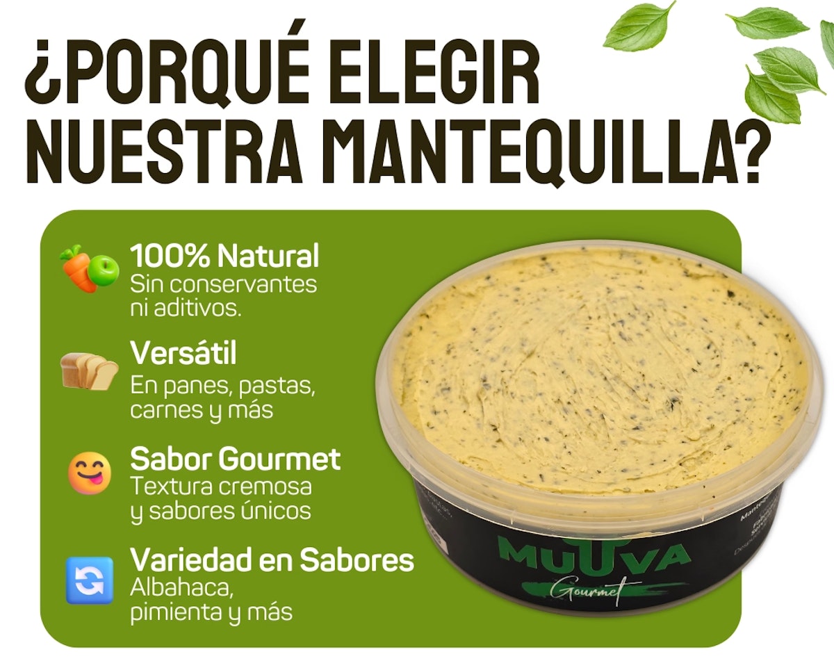 Variedad de mantequillas gourmet MUUVA - Naturales, sin aditivos, en sabores Albahaca, Pimentón, Ajo-Hierbas y Natural. Desde $13.000