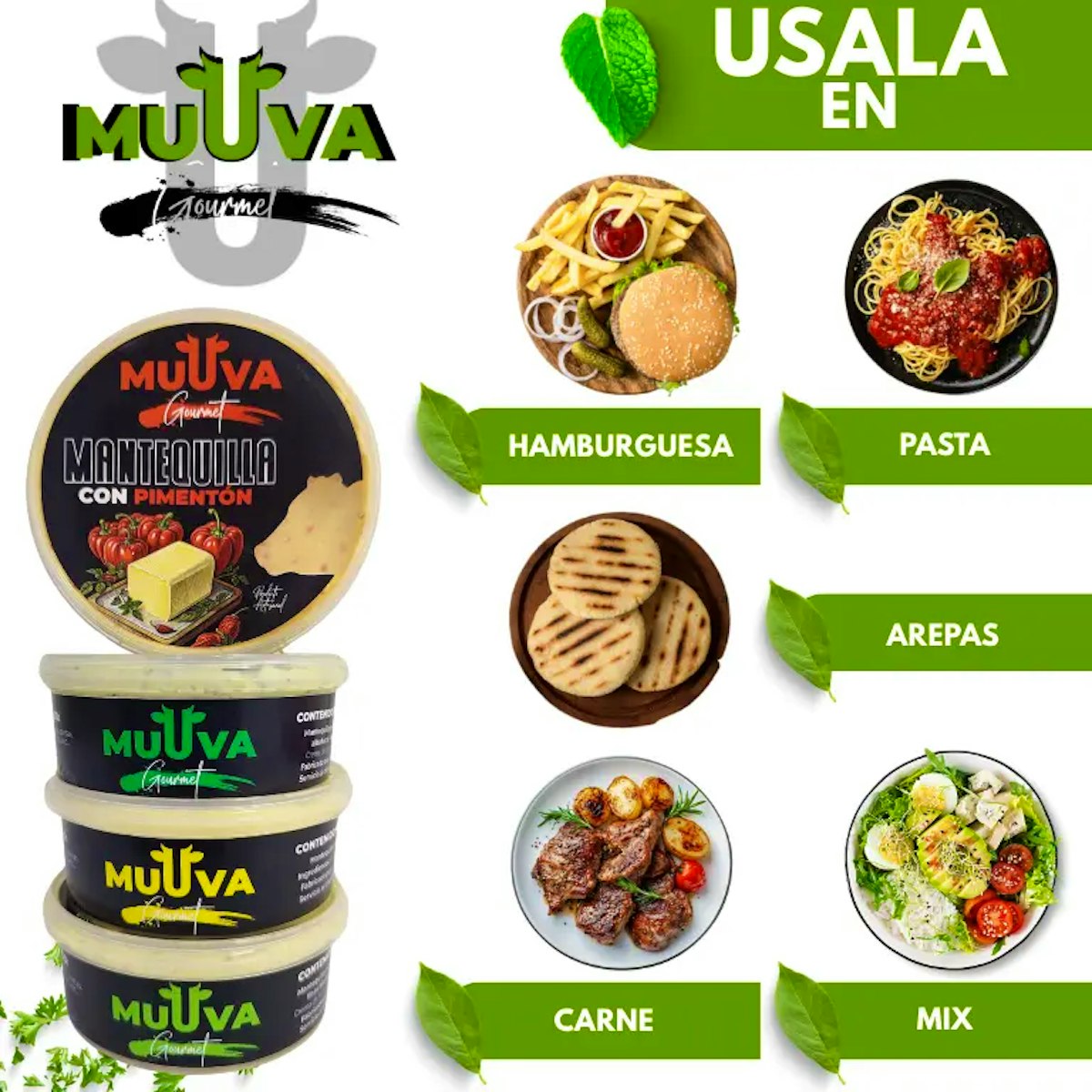 Usos creativos MUUVA: Añade sabor a hamburguesas, pastas, arepas y carnes con nuestra mantequilla de Pimentón 100% natural