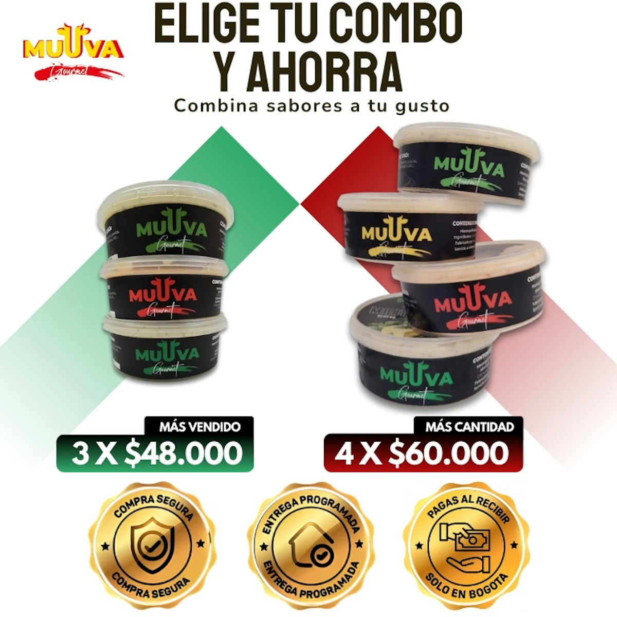 Promoción de combos de mantequillas Muuva Gourmet con opción de 3 unidades por $45.000 o 4 unidades por $60.000, destacando compra segura, entrega programada y pago al recibir.